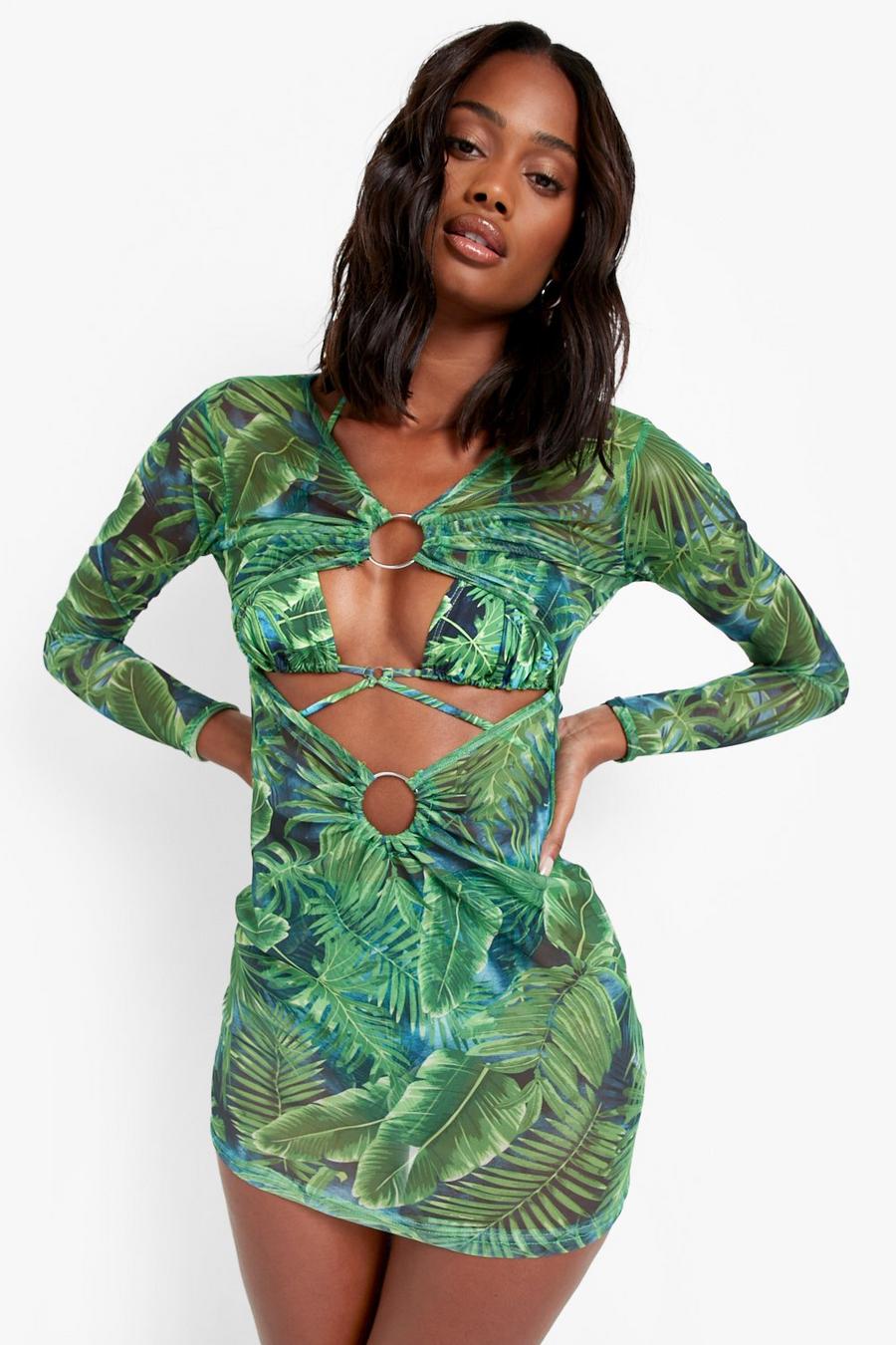 Green Tropicana O-ring Mesh Beach Dress image number 1