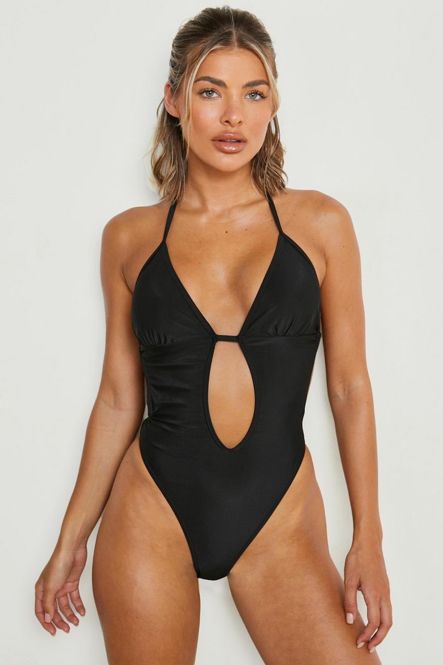 Black Plunge Cut Out Strap Swimsuit image number 1