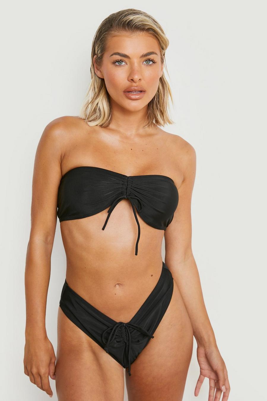 Top bikini a fascia in fantasia Tropicana con laccetti e ruches, Black image number 1