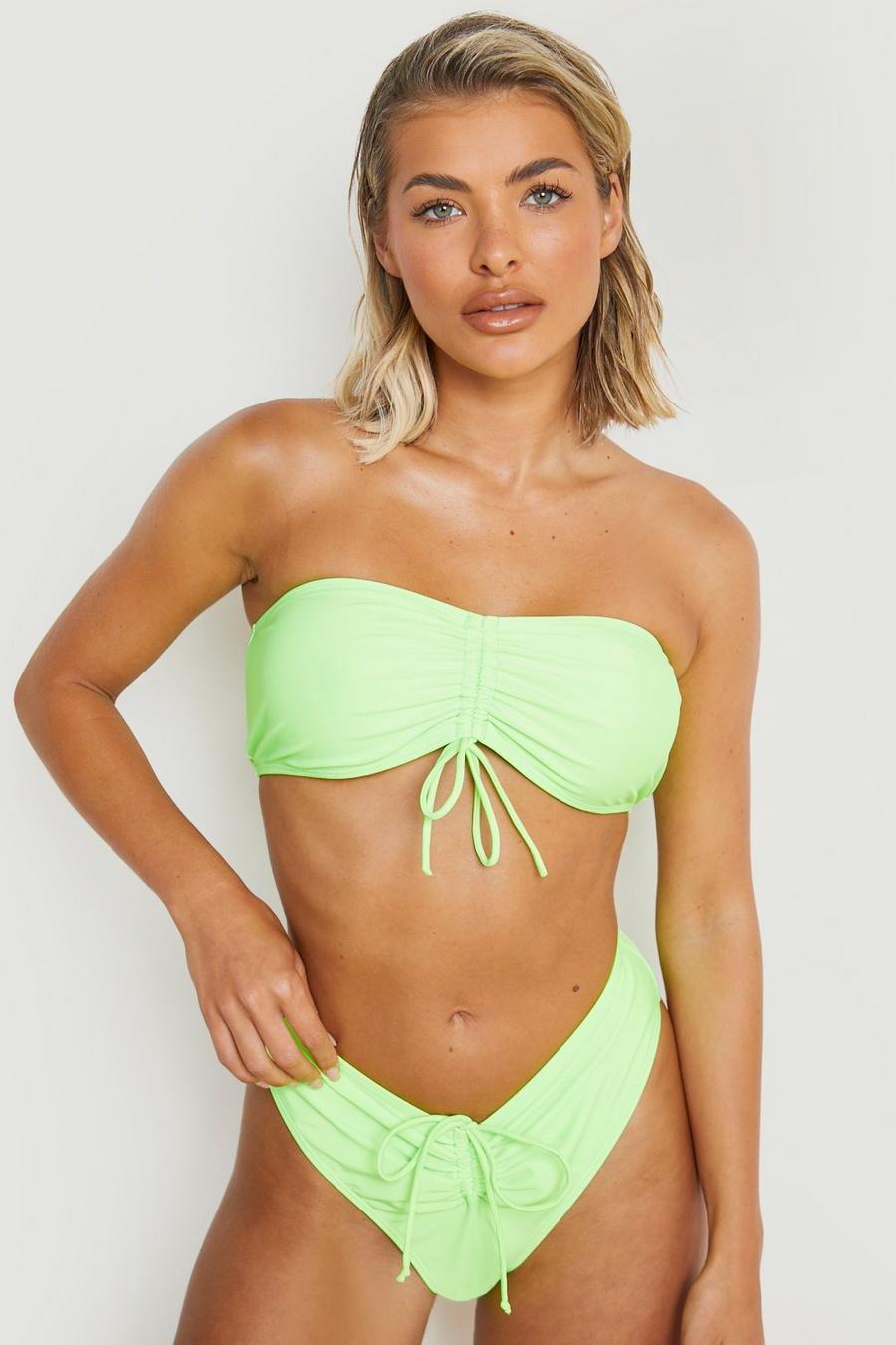 Top bikini a fascia in fantasia Tropicana con laccetti e ruches, Lime image number 1