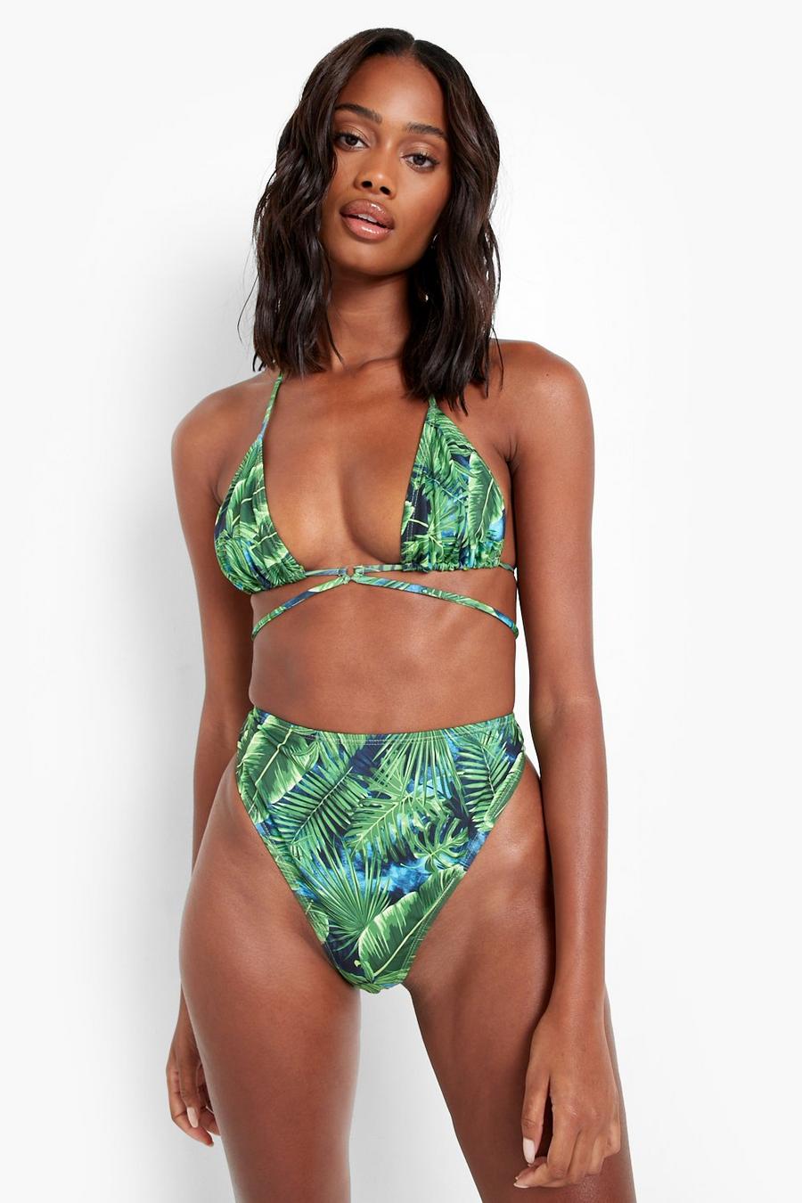 Slip bikini a vita alta in fibre riciclate con stampa Tropicana, Green gerde