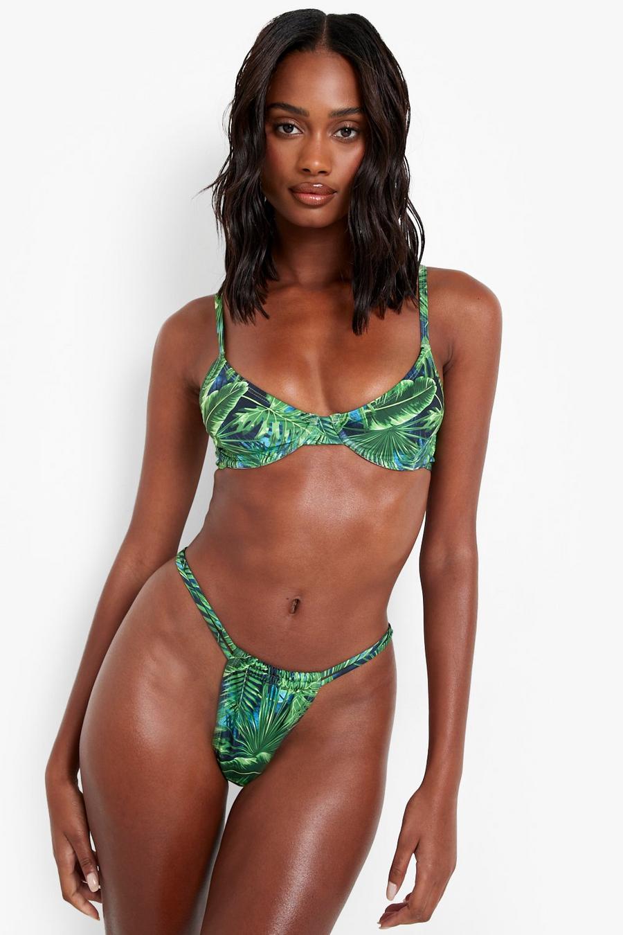 Haut de maillot de bain recyclé style bustier à imprimé tropical, Green vert