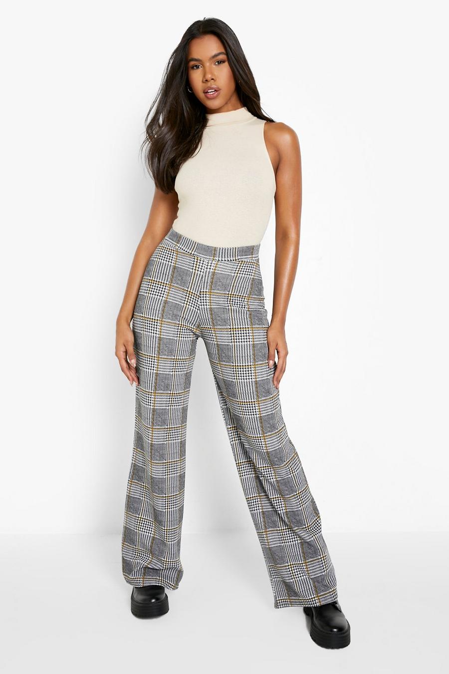 Grey Check Print Crepe Wide Leg Trousers image number 1