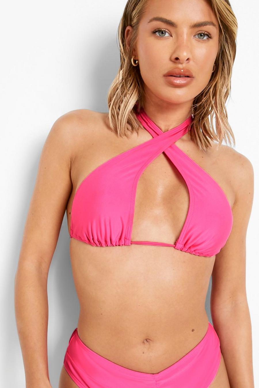 Überkreuztes Neon Bikinioberteil mit tiefem Ausschnitt, Neon-pink image number 1