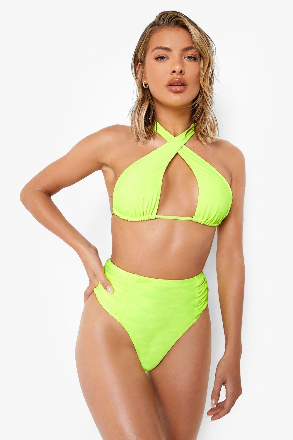 Bas de bikini fluo string taille haute et d tails fronc s boohoo