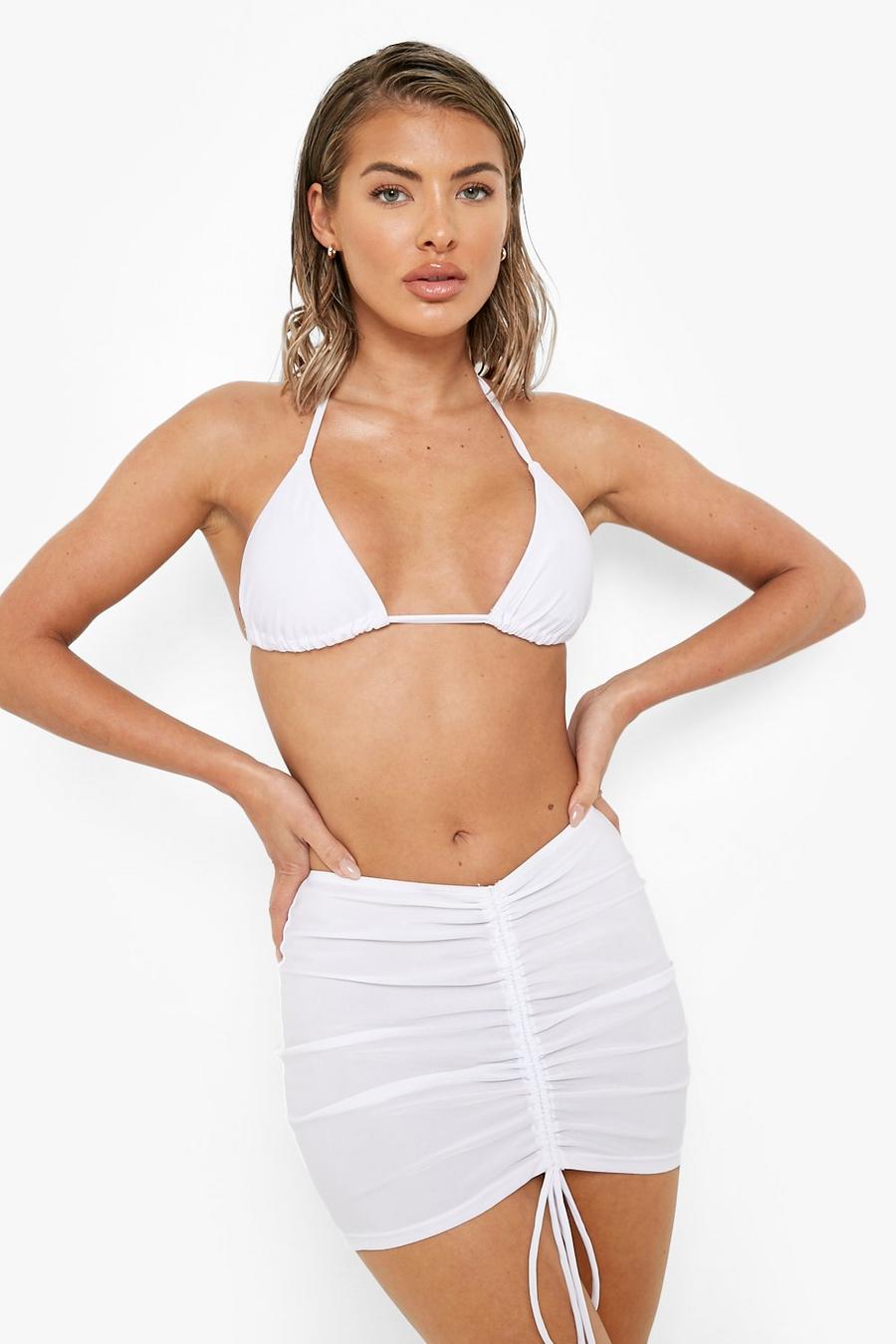 White Neon Tie Ruched Front Beach Mini Skirt