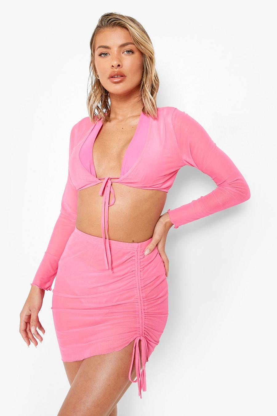 Neon-pink Neon Mesh Ruched Skirt & Tie Top Beach Co-ord image number 1