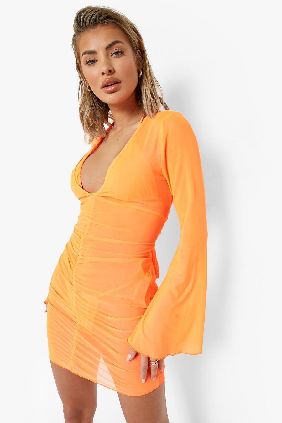 Vestido escotado para la playa de malla fosforita con atadura, Neon-orange arancio