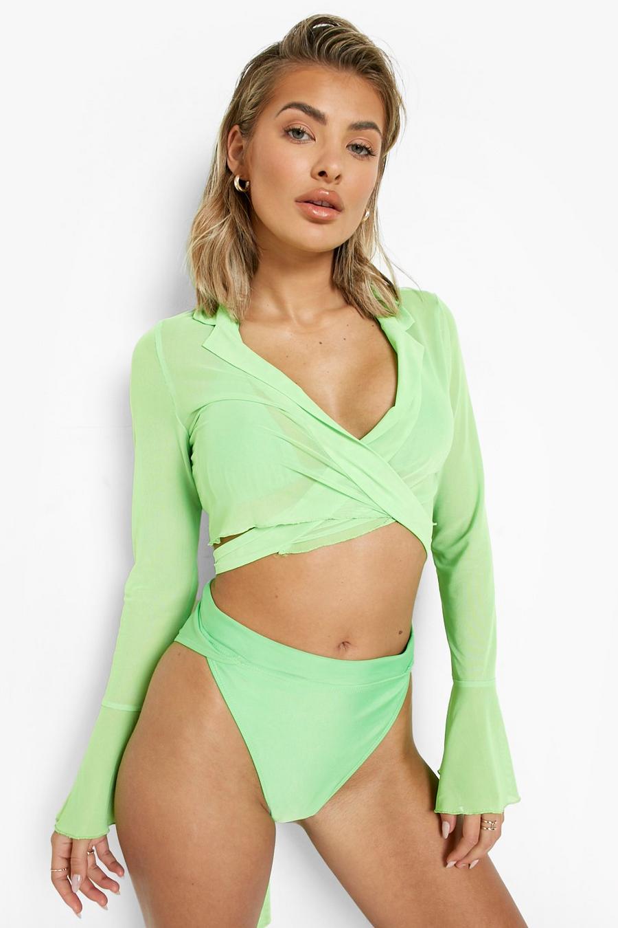 Camisa cruzada para la playa de malla fosforita con atadura, Neon-green image number 1