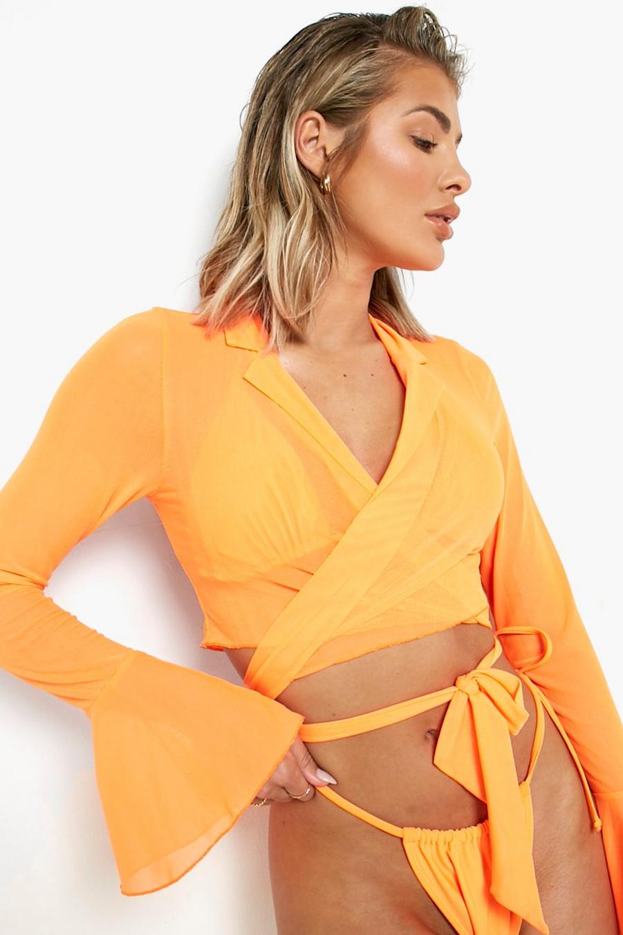 Camisa cruzada para la playa de malla fosforita con atadura, Neon-orange naranja