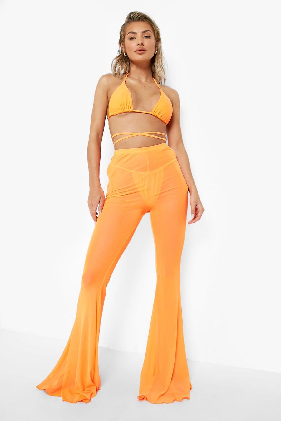Pantaloni da mare a zampa in rete in colori fluo, Neon-orange arancio