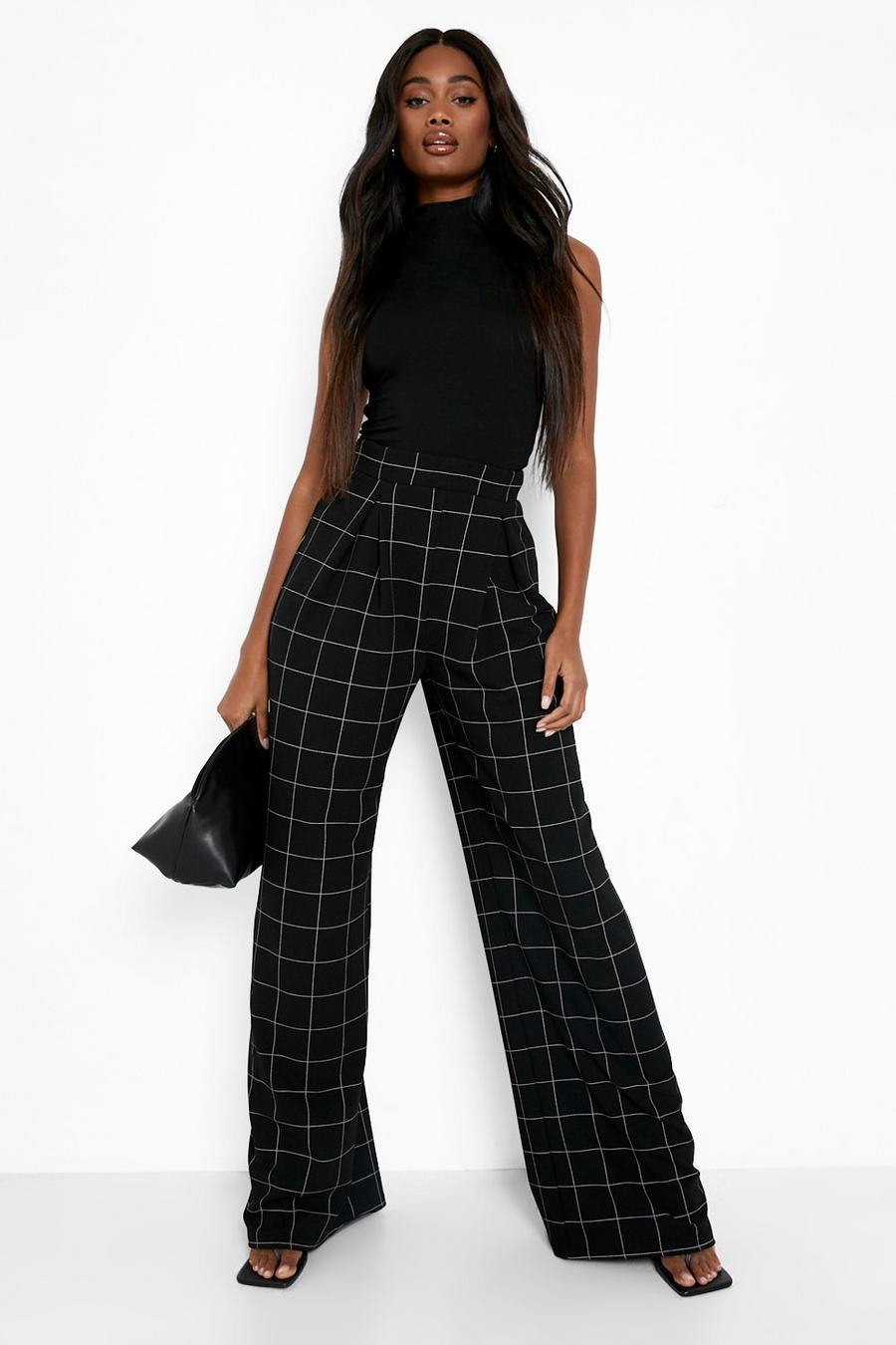 Black Grid Flannel Print Pleat Front Wide Leg Pants