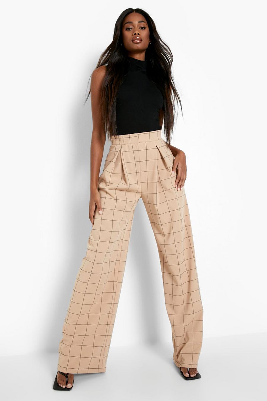 Stone beige Grid Checked Pleated Wide Leg Work Trousers