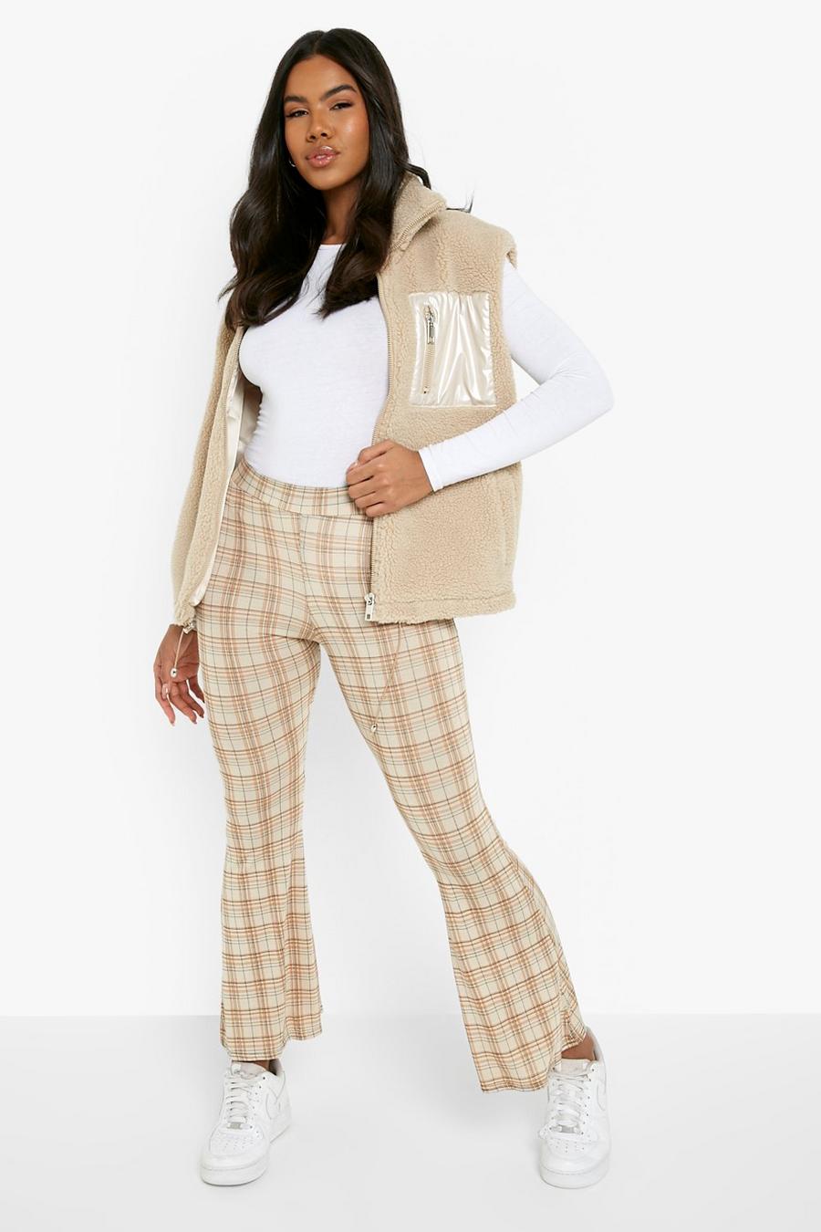 Beige Check Print Jersey Flared Pants image number 1