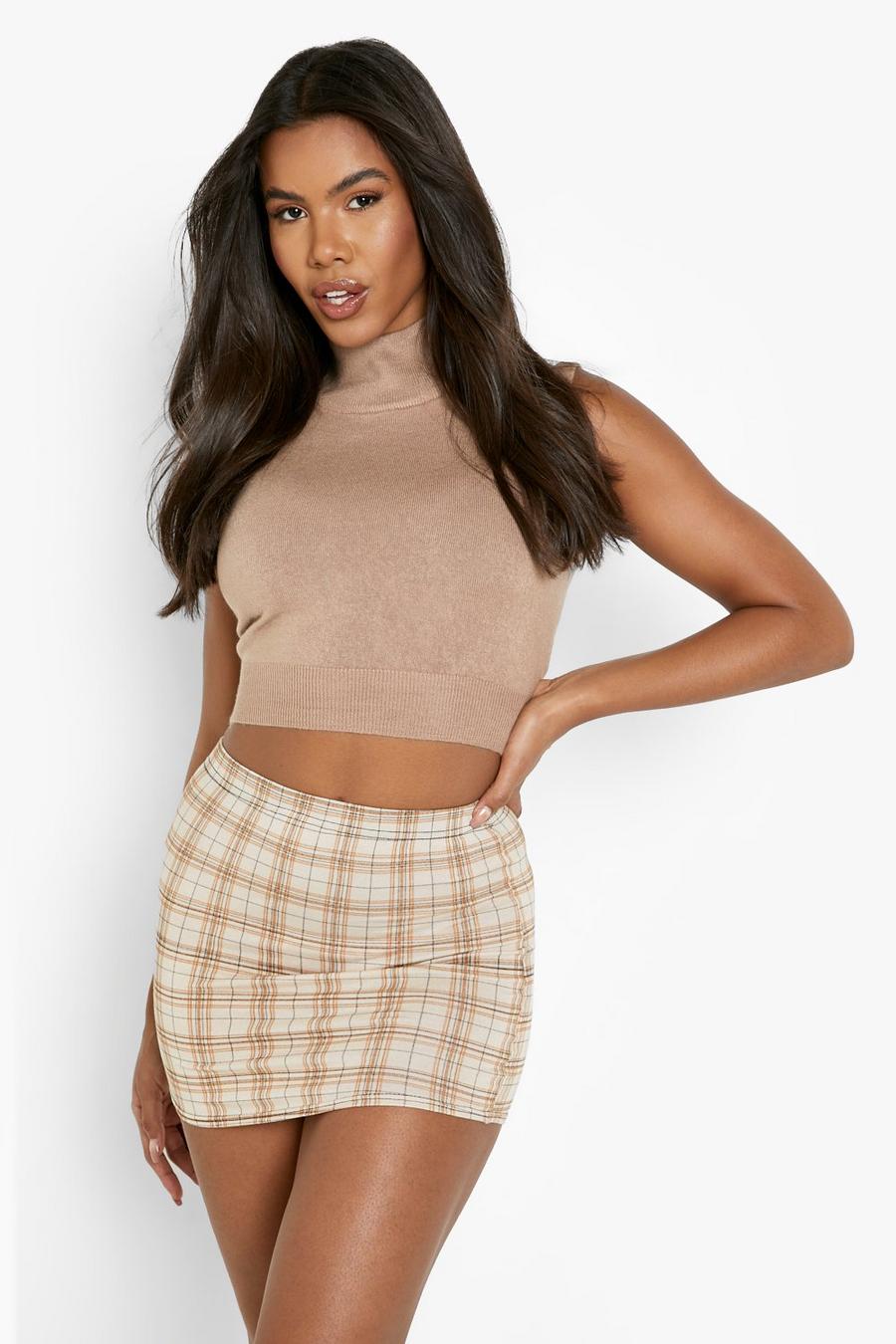 Beige Checked Jersey Mini Skirt