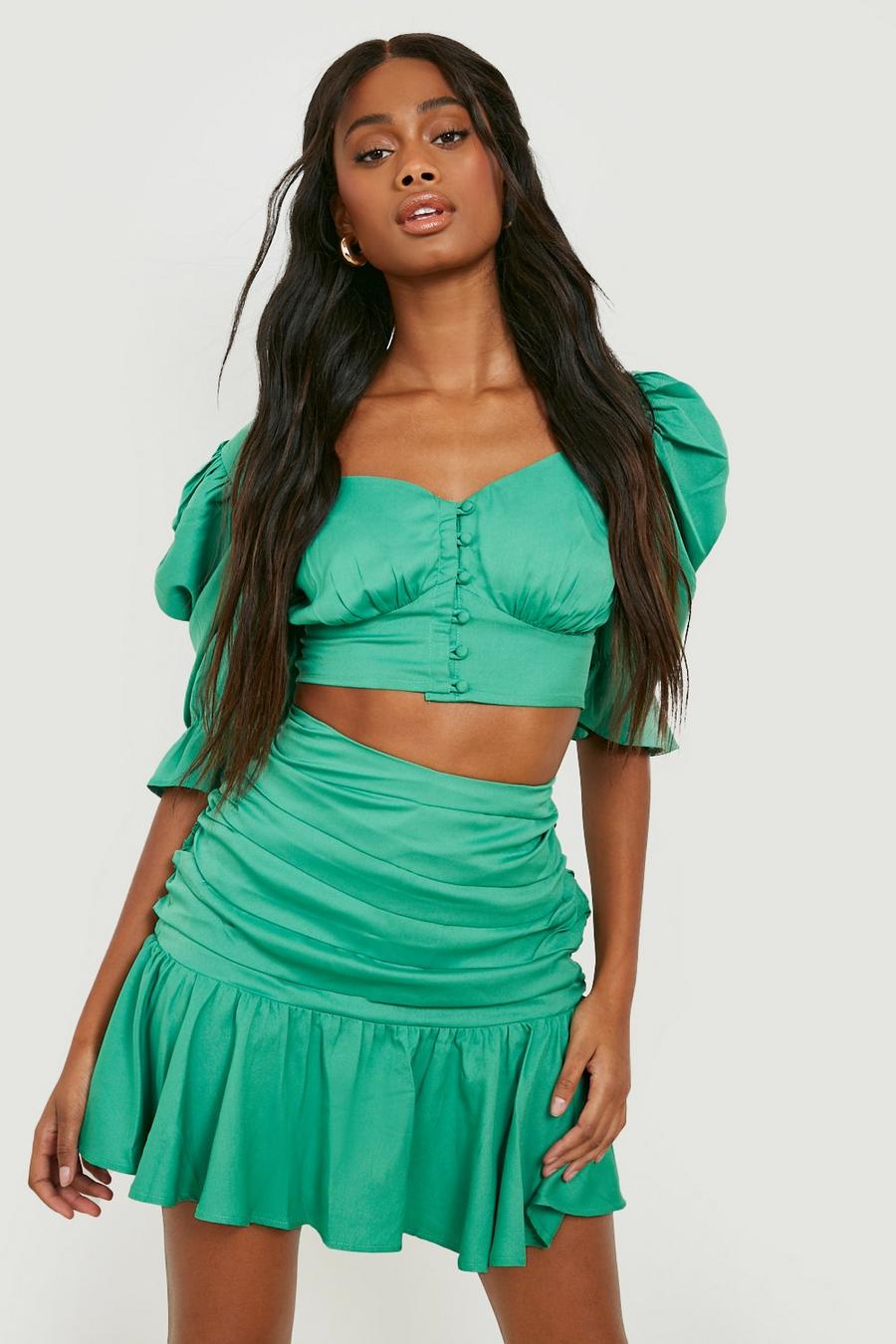 Green Puff Sleeve Top & Ruched Mini Skirt image number 1