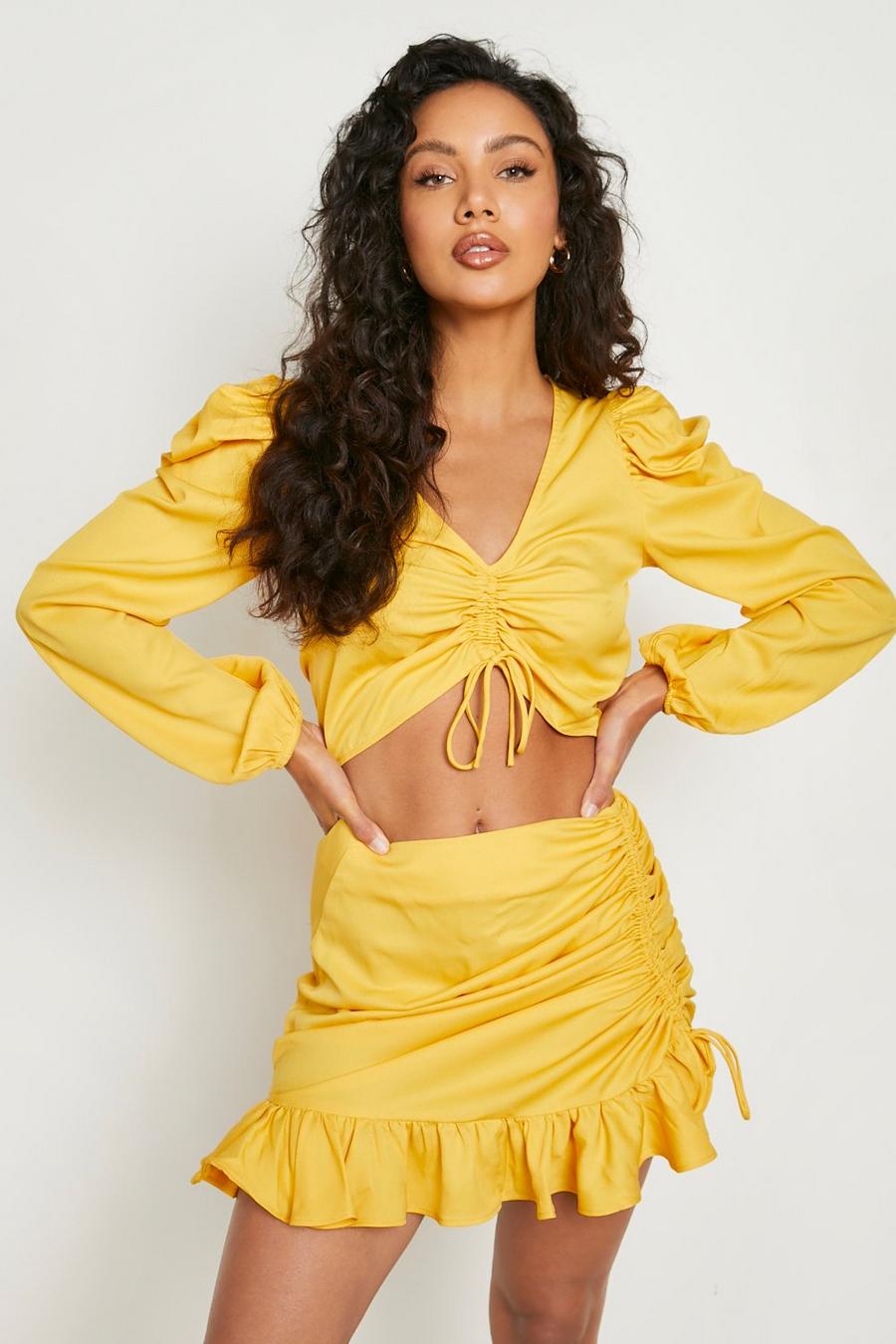 Mustard Ruched Crop & Mini Skirt image number 1