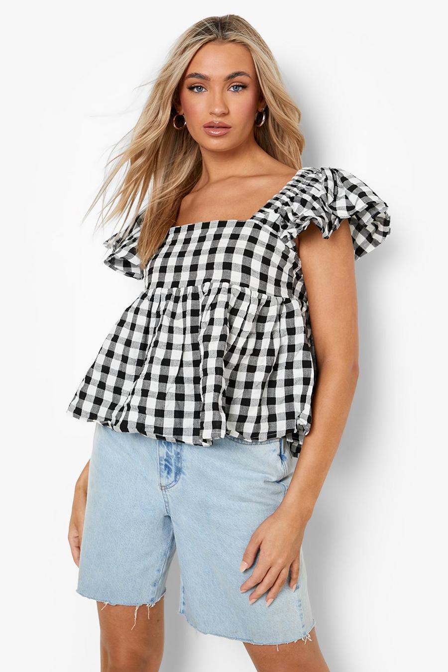 Black Crinkle Gingham Frill Sleeve Smock Top image number 1