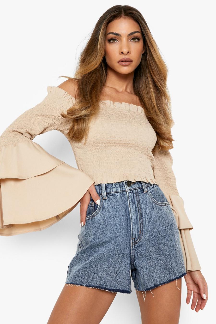 Stone Off The Shoulder Bell Sleeve Shirred Top image number 1