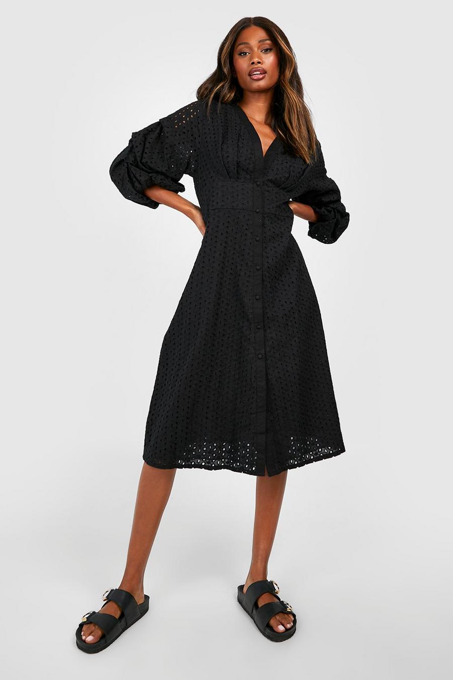 Black Broderie Volume Sleeve Button Down Midi Dress image number 1