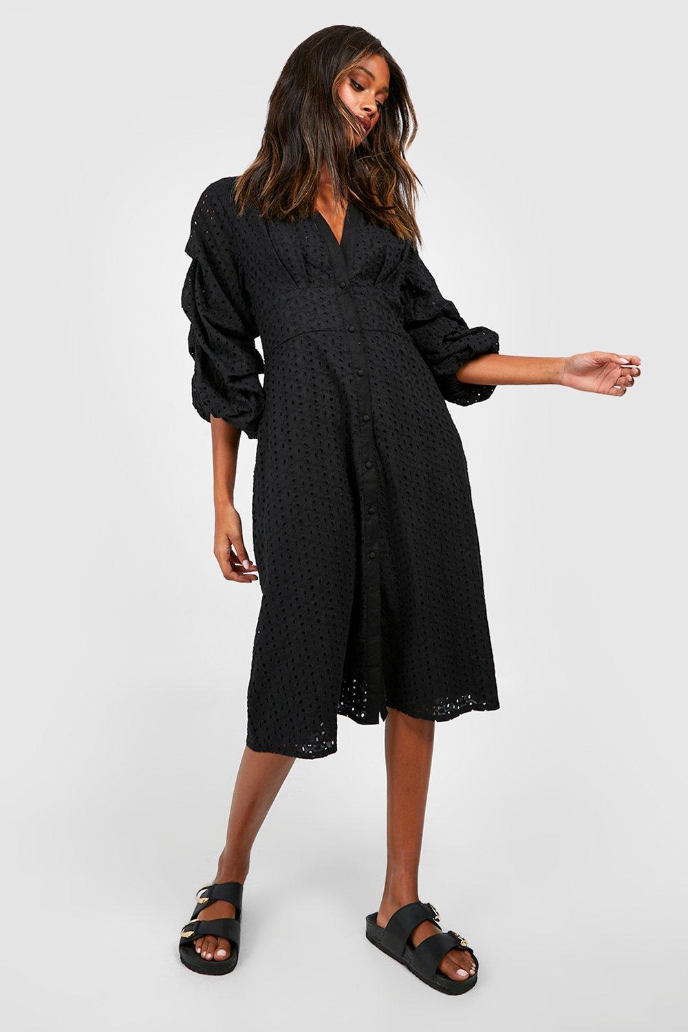 Black broderie midi outlet dress