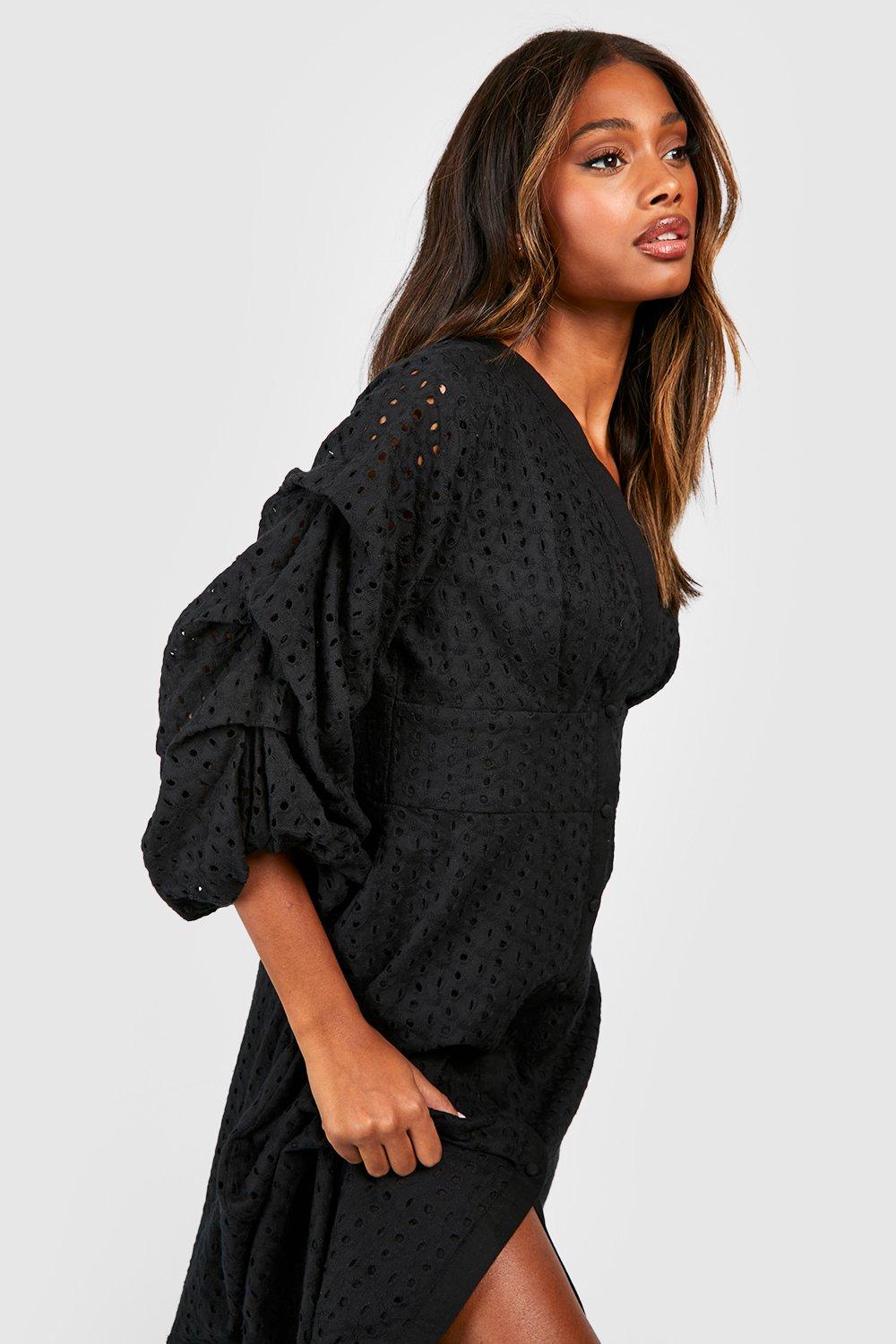 Eyelet Puff Sleeve Button Down Midi Dress boohoo