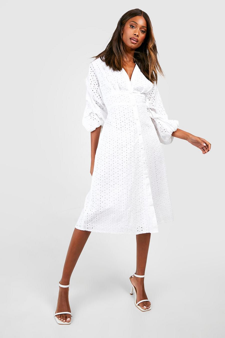 White Broderie Volume Sleeve Button Down Midi Dress image number 1