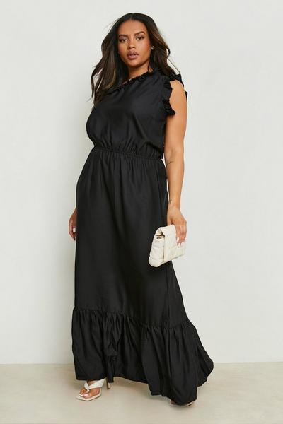 boohoo black Plus Woven Frill One Shoulder Tiered Maxi Dre