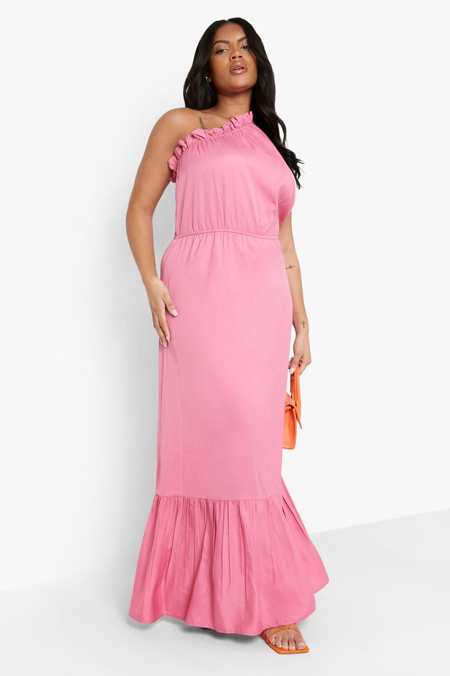 Pink rosa Plus - Lång one shoulder-klänning med volanger image number 1
