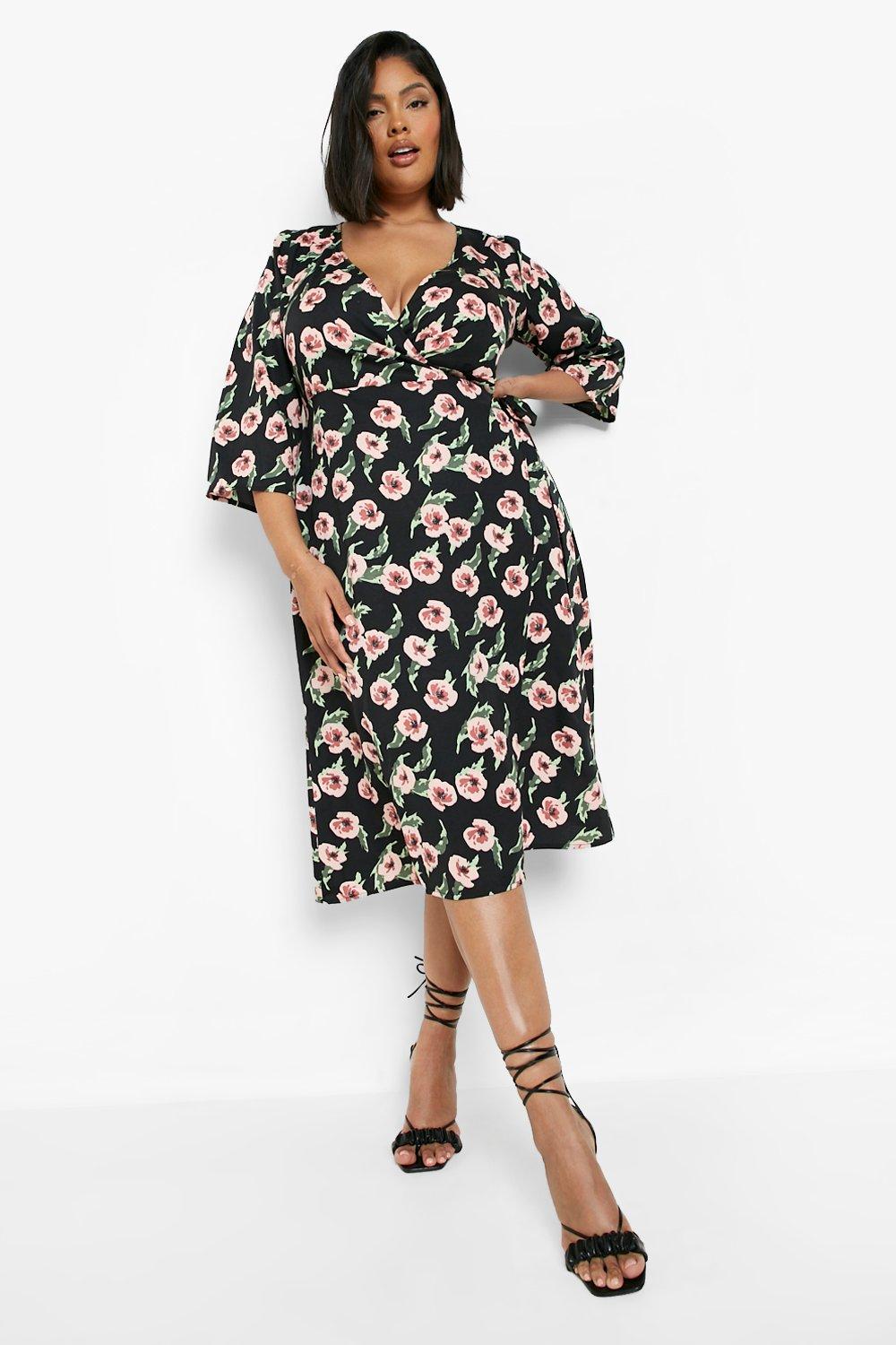 Women's Plus Floral Wrap Midi Dress ...