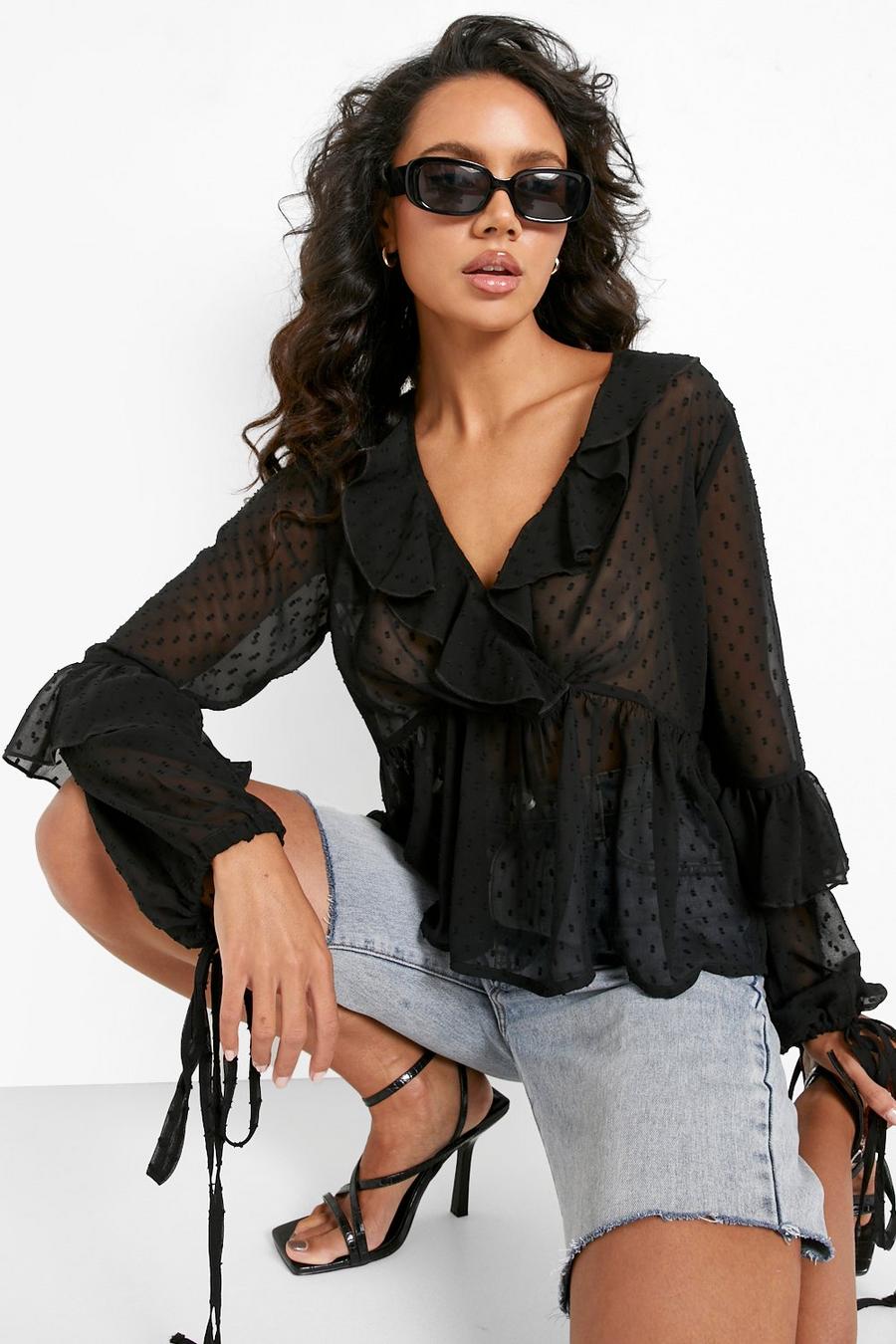 Black Dobby Frill Wrap Top  image number 1