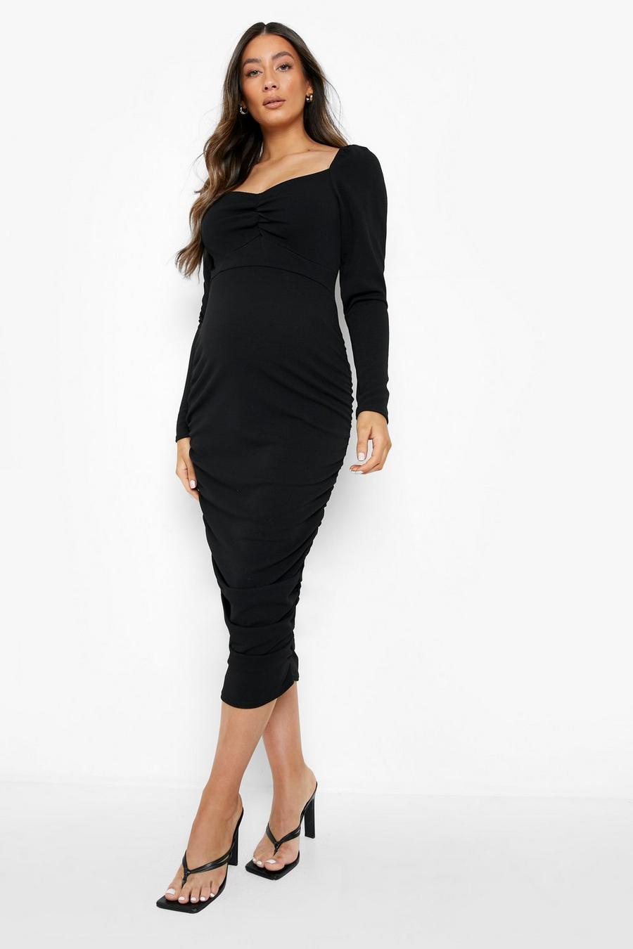 Black Maternity Ruched Sleeve Midi Dress image number 1