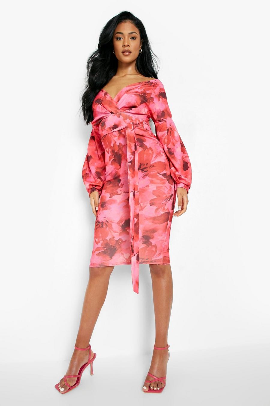 Pink Tall Off The Shoulder Floral Midi Dress image number 1