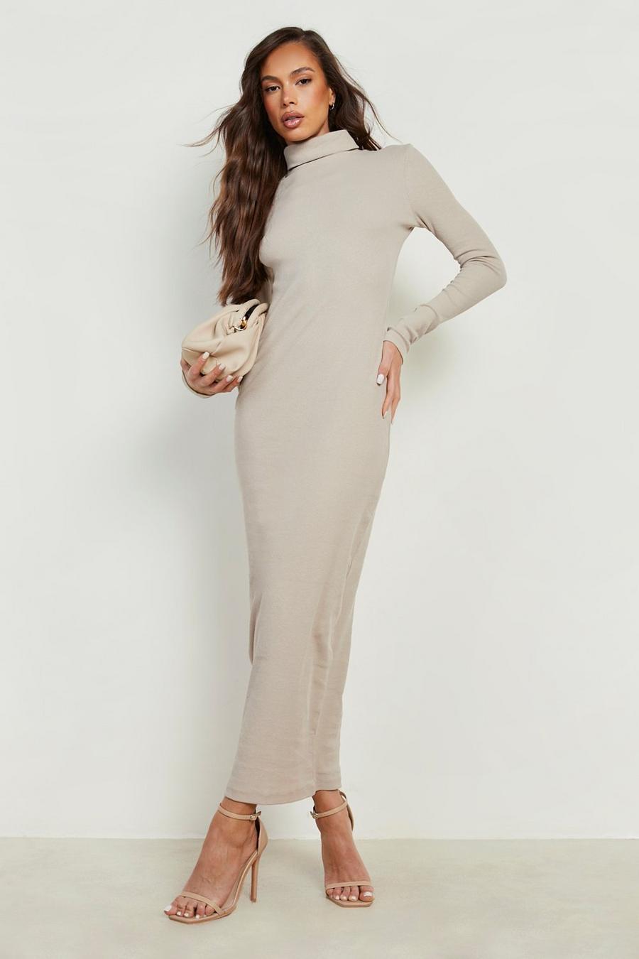 Taupe beige Tall Recycled Rib Roll Neck Midaxi Dress