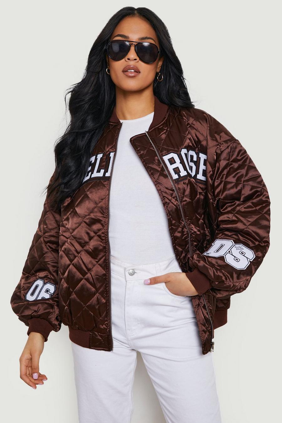 Giacca Tall stile Varsity in raso trapuntato, Chocolate image number 1