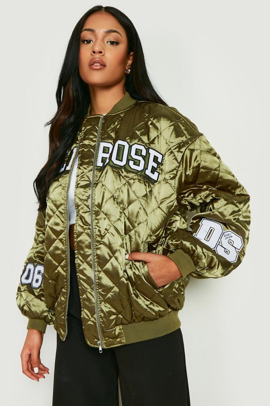 Green Tall Satin Quilted Varsity Jacket image number 1