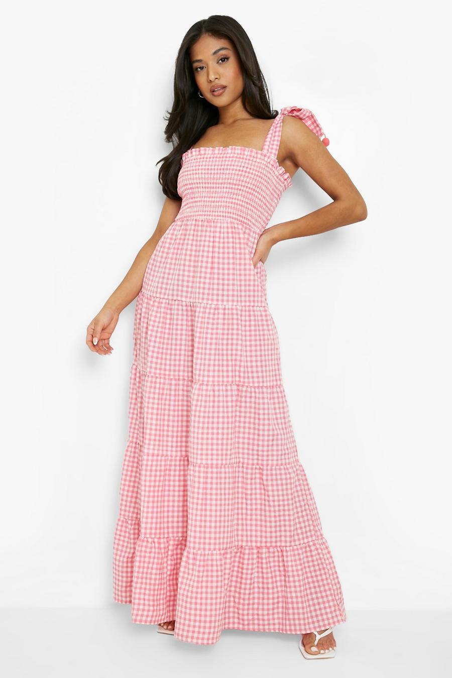 Pink Petite Gingham Pom Pom Shoulder Maxi Dress