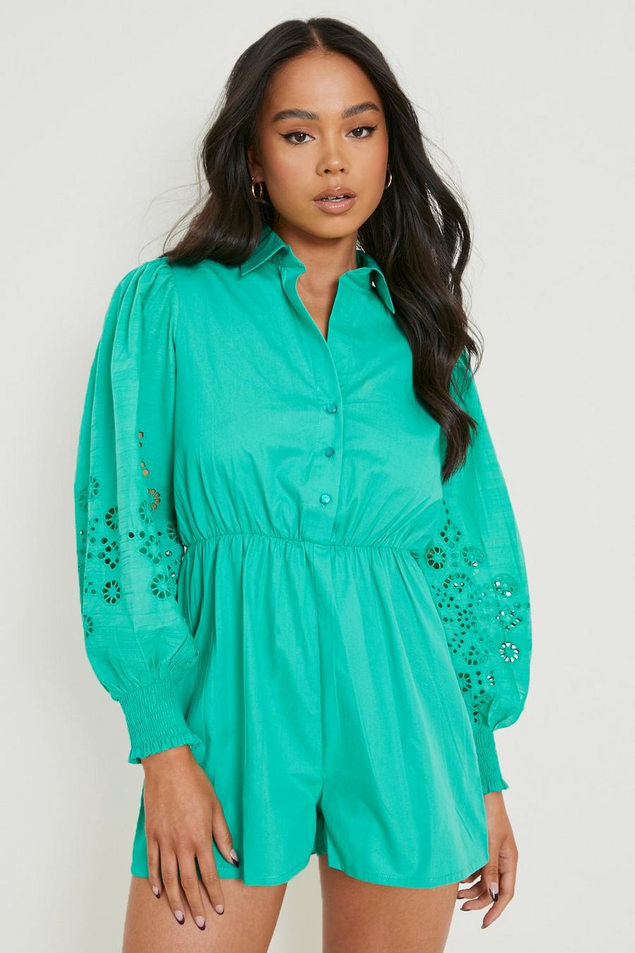 Green Petite Broderie Puff Sleeve Wrap Playsuit image number 1
