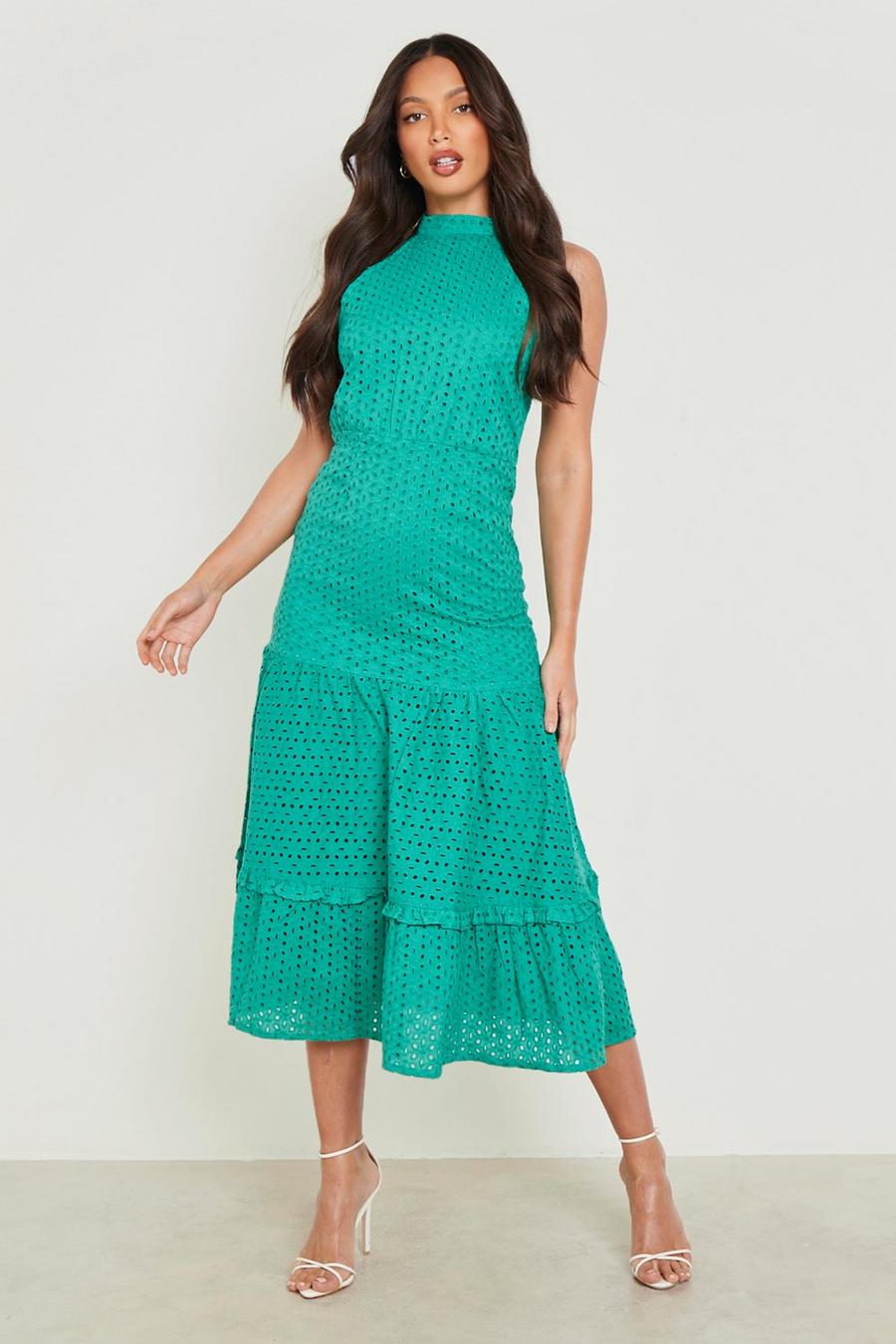 Green Tall Broderie High Neck Tiered Maxi Dress image number 1