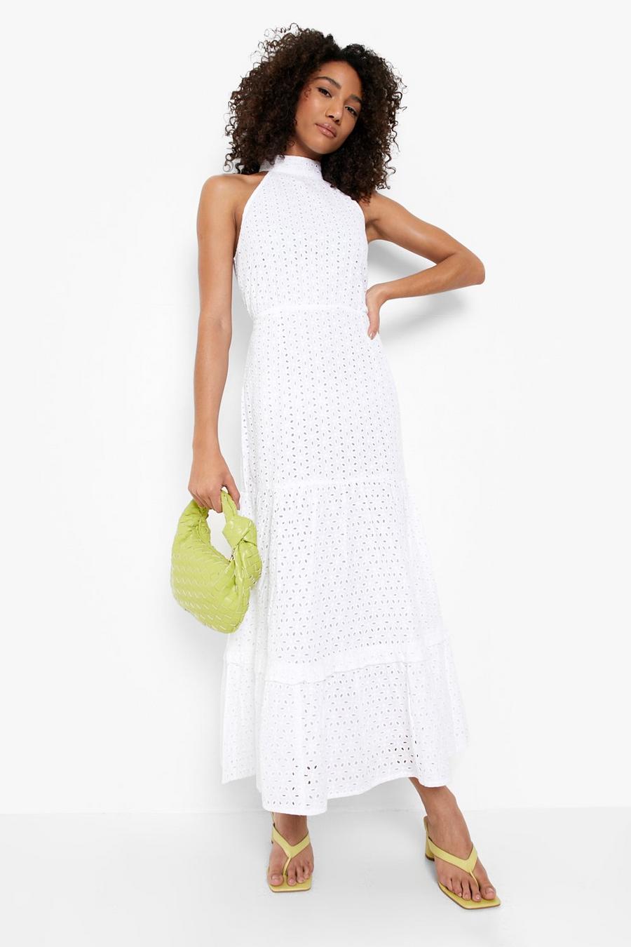 White Tall Broderie High Neck Tiered Maxi Dress image number 1