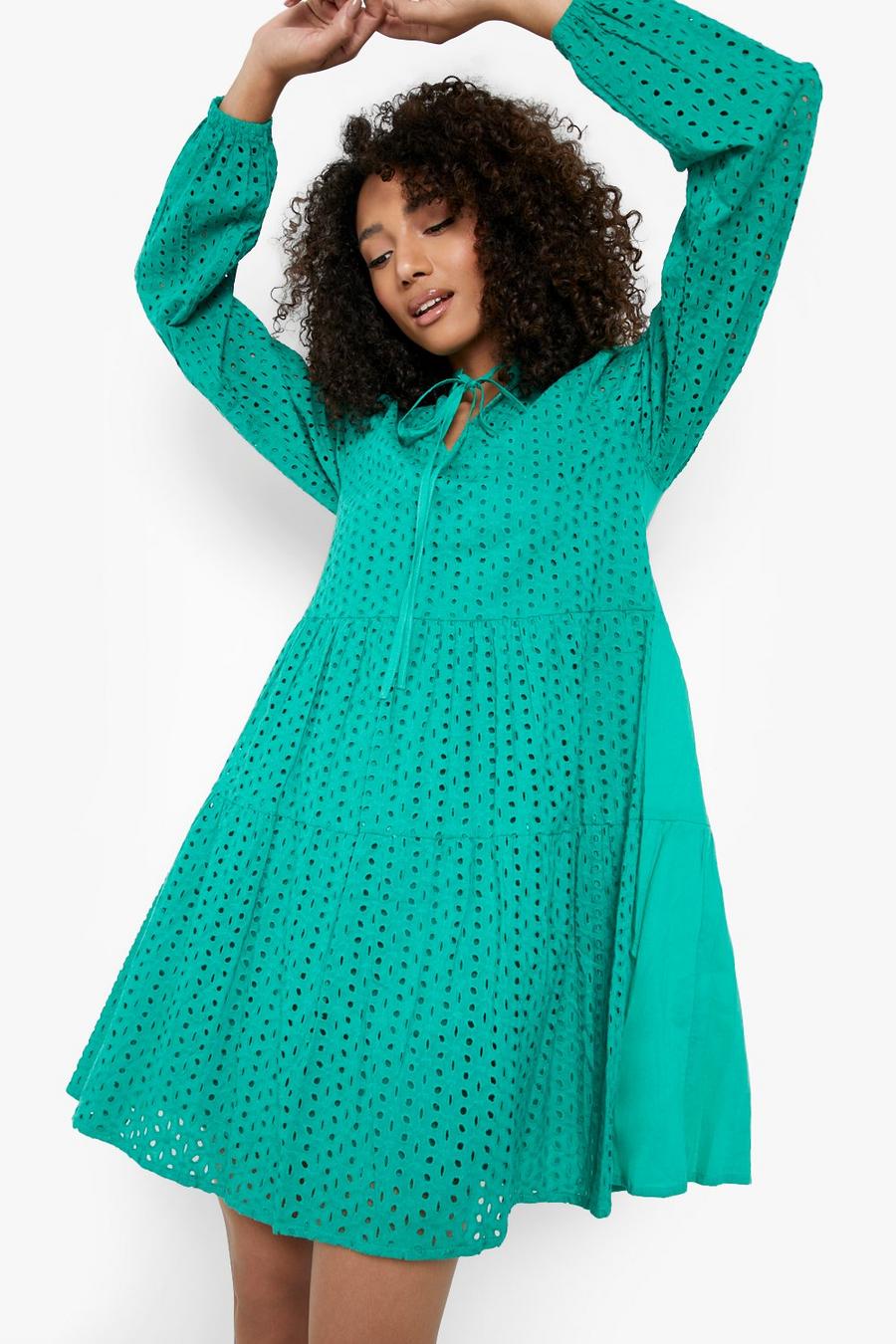 Green Tall Broderie Tiered Smock Dress image number 1