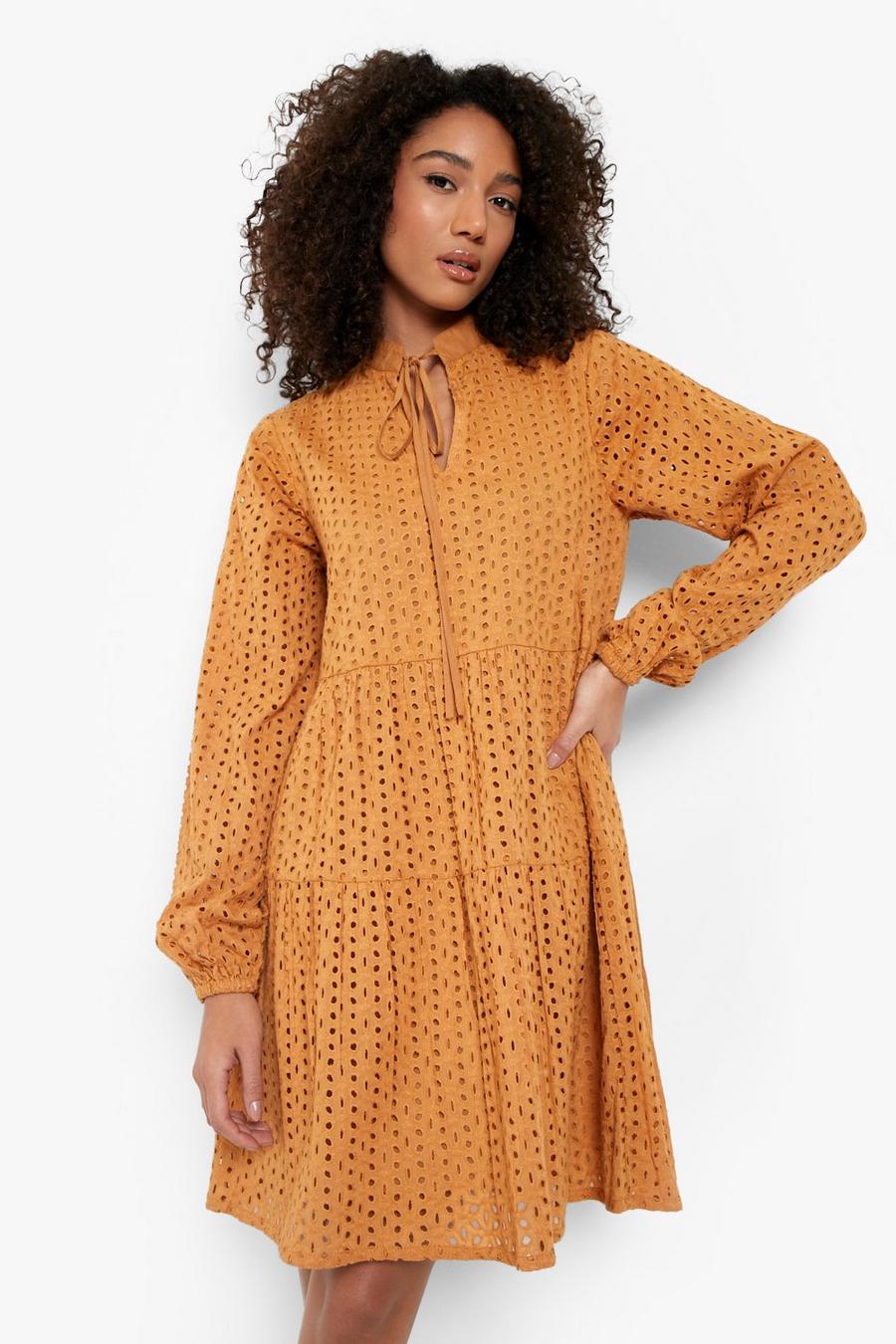 Tan brown Tall Broderie Tiered Smock Dress