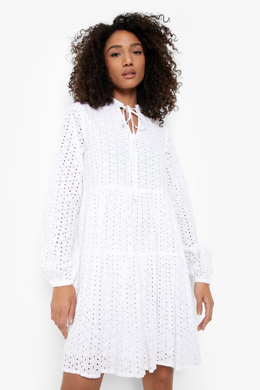White Tall Broderie Tiered Smock Dress image number 1