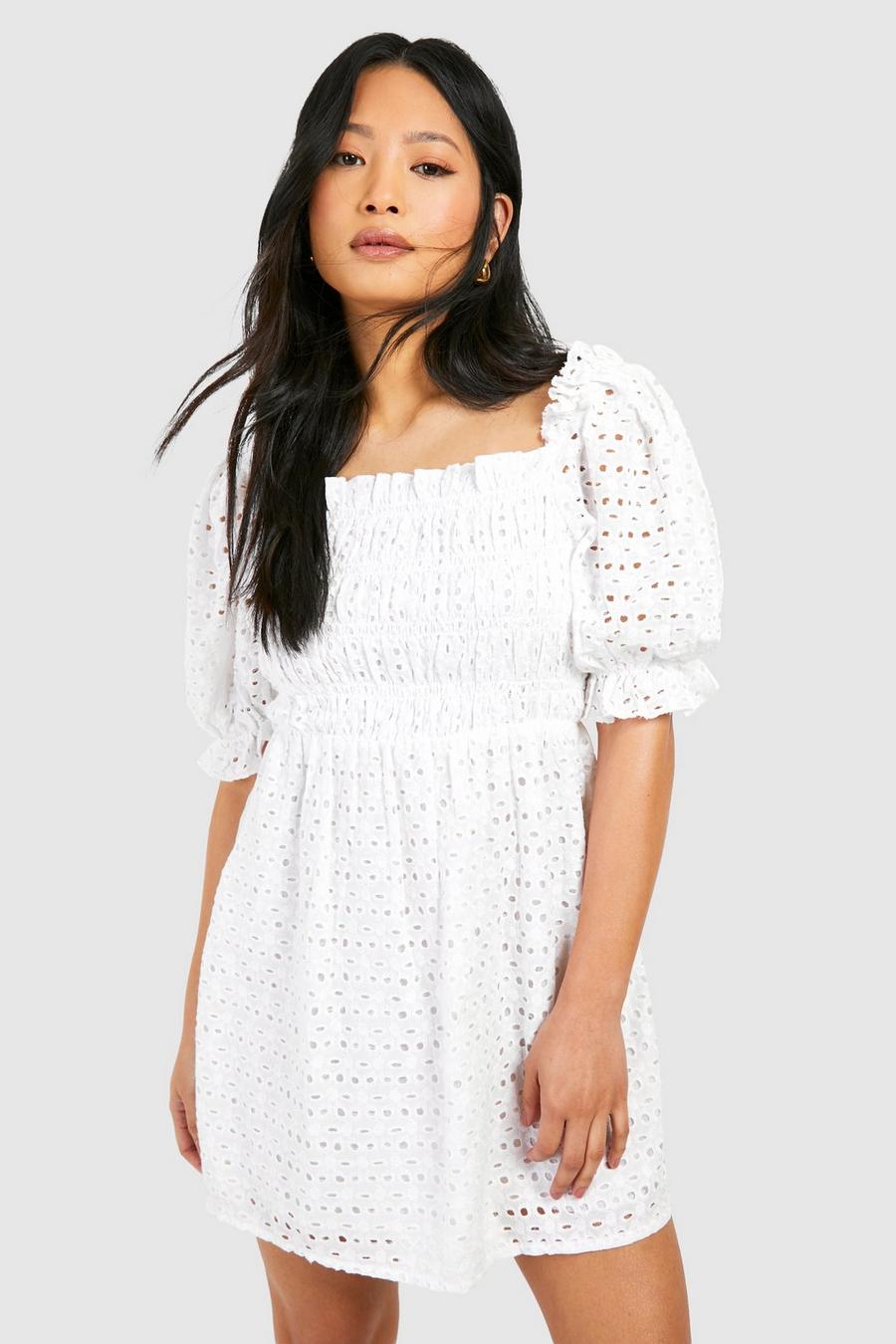 White Petite Broderie Puff Sleeve Shirred Dress image number 1