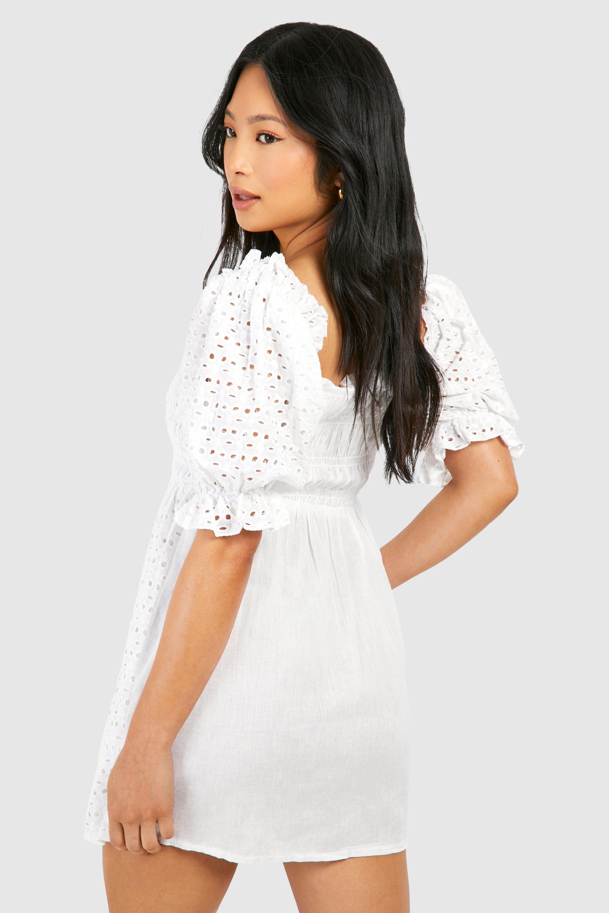 Boohoo denim v neck dress with puff sleeve outlet in white