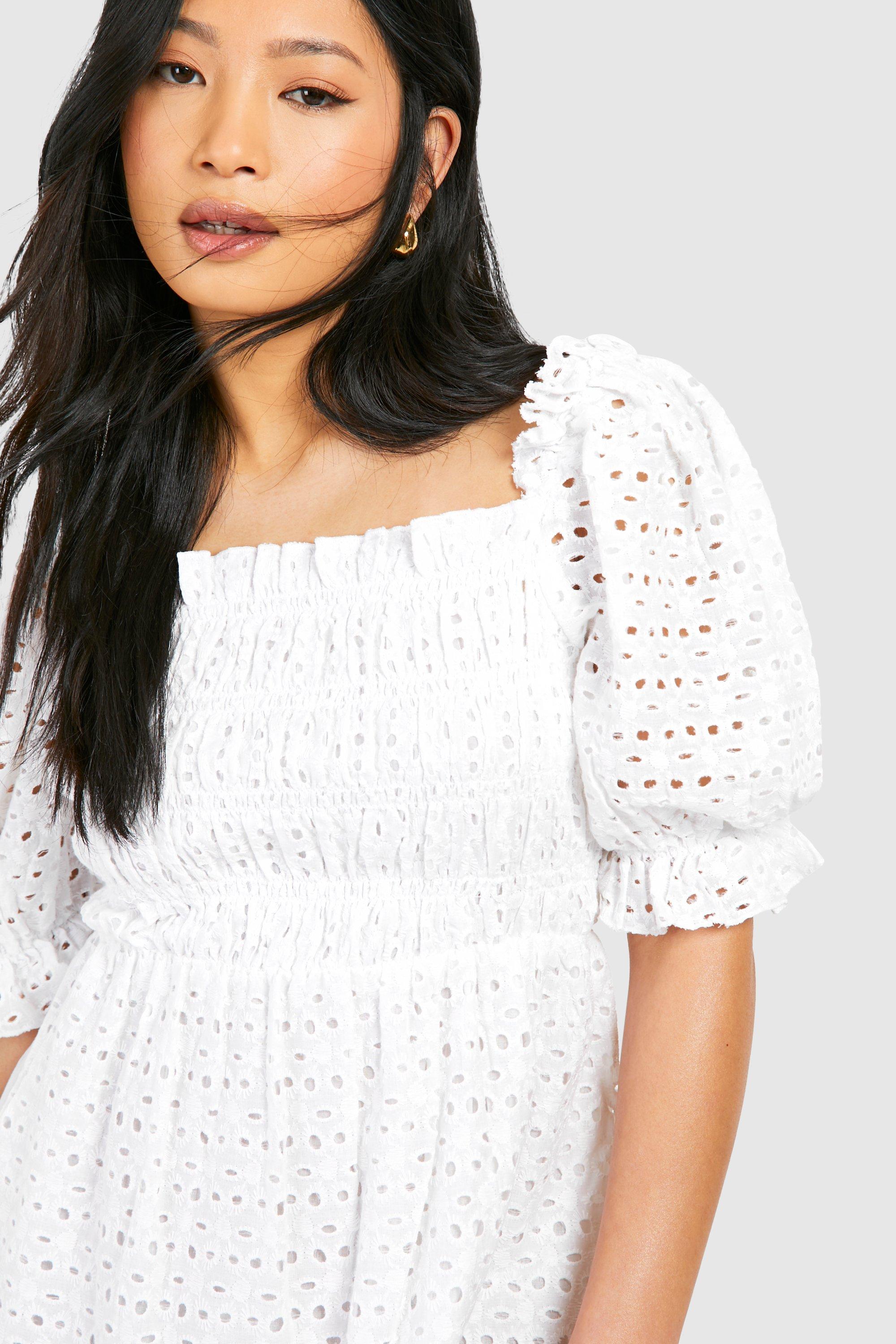 Boohoo denim v neck dress shop with puff sleeve in white