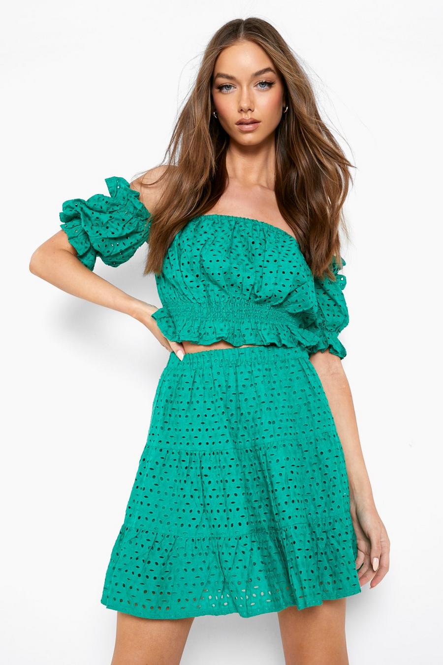 Green Broderie Bardot Crop & Mini Skirt image number 1