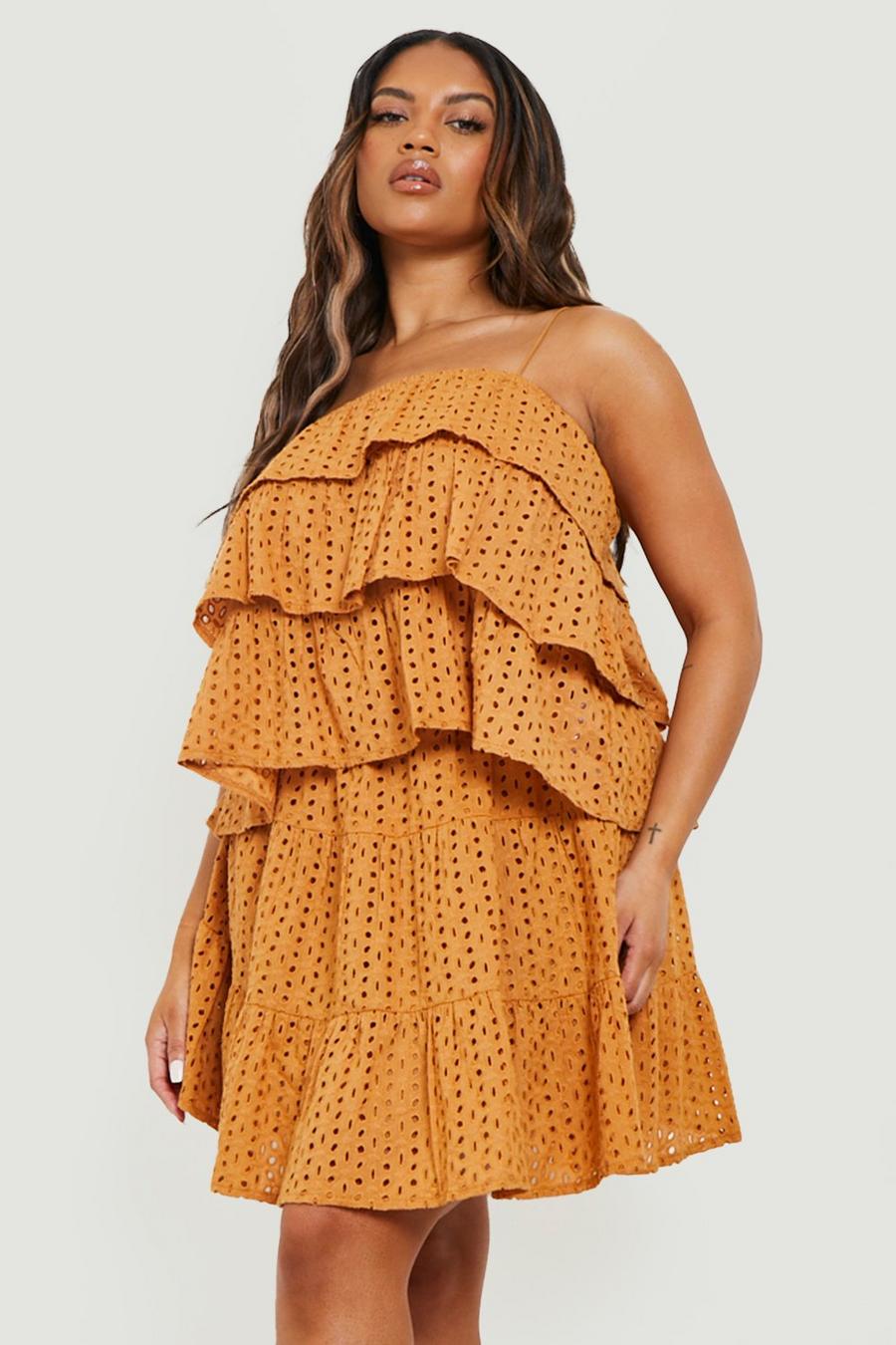 Tan Plus Broderie Tiered Mini Skater Skirt image number 1