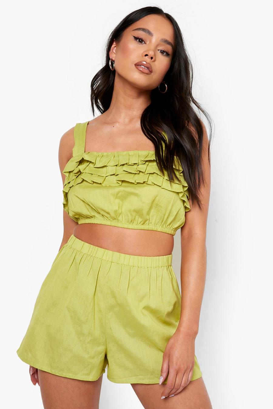 Chartreuse yellow Petite Linen Look Ruffle Short Co Ord