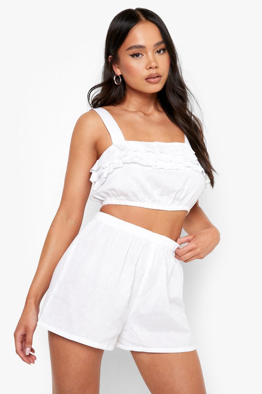 White Petite Linen Look Ruffle Short Co Ord image number 1